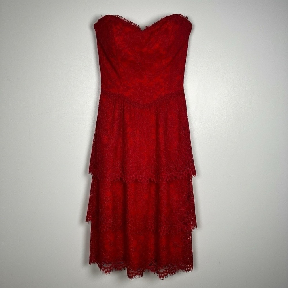 Scott McClintock Vintage Y2K‎ Red Tiered Lace Sweetheart Neck MIDI Dress Small/8